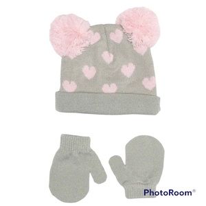 NWT Capelli New York Hat & Mittens Set, Infant 0-6M, Pink and Grey